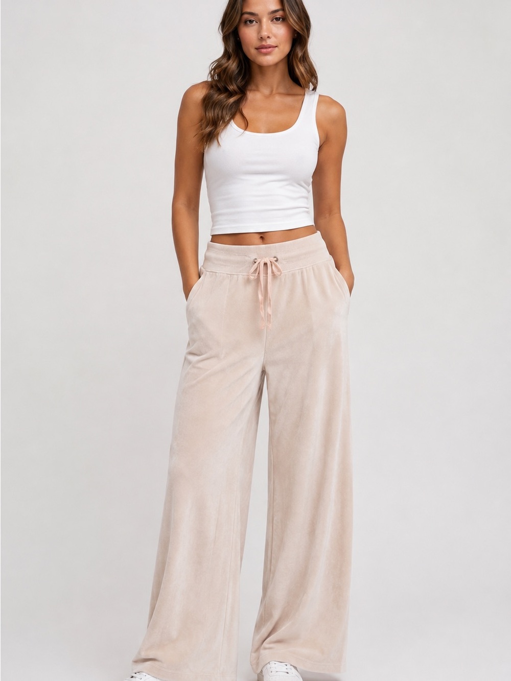 Gilly Hicks Wide-Leg Drawstring Velour Lounge Pants in Blush